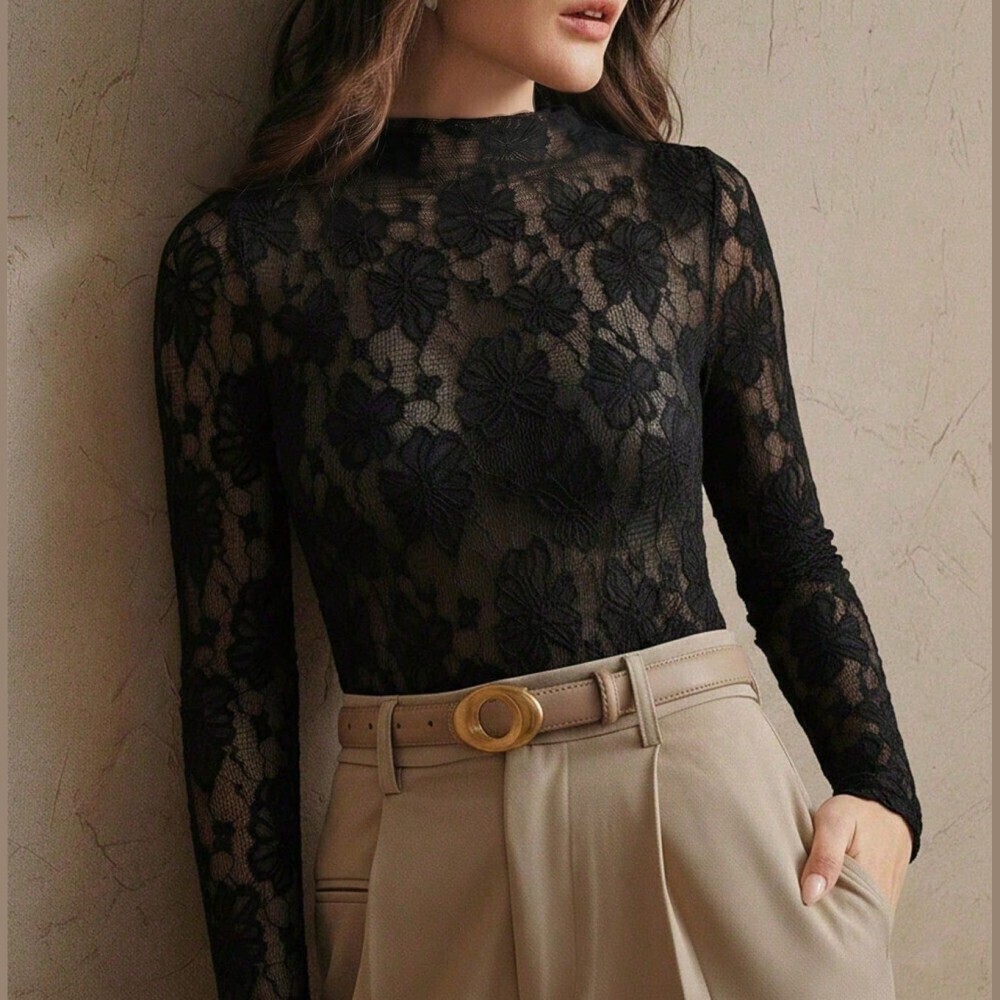 Black Sheer Floral Lace Mock Neck Long Sleeve Fitted Top